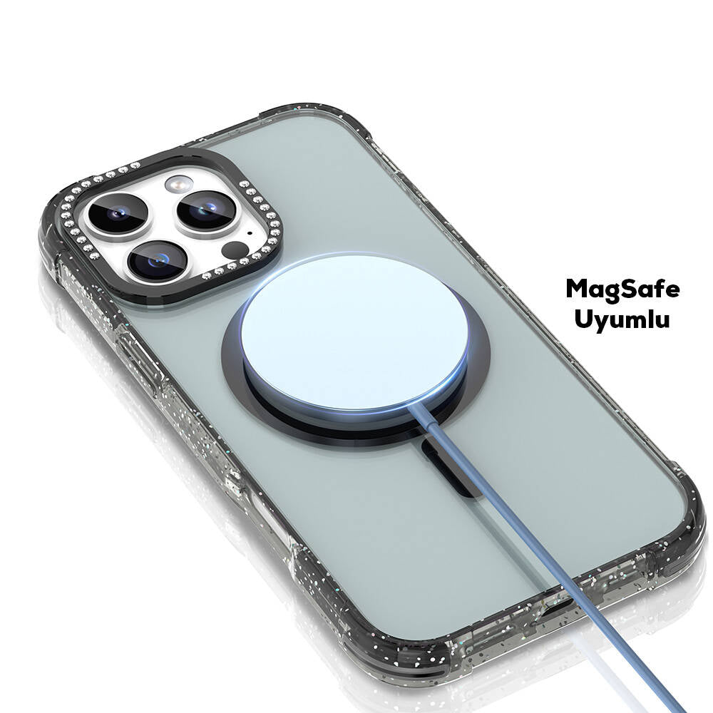 iPhone 16 Pro Kılıf M-safe Şarj Özellikli Taşlı ve Simli Tasarım Mutural Blink Kapak