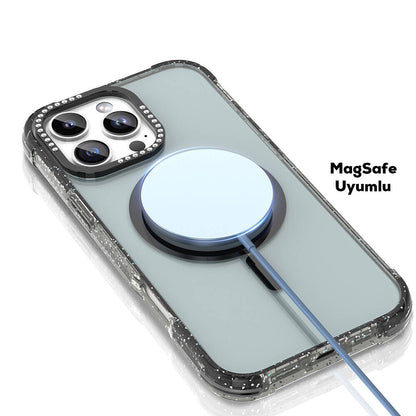 iPhone 16 Pro Kılıf M-safe Şarj Özellikli Taşlı ve Simli Tasarım Mutural Blink Kapak