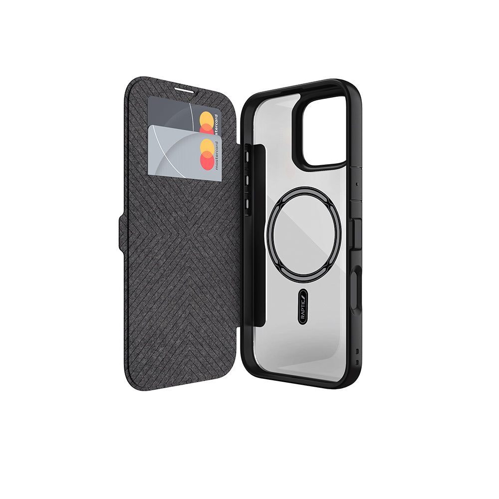 iPhone 16 Pro Kılıf M-safe Şarj Özellikli Vegan Deri Tasarımlı Şeffaf Arka Yüzey Kartlıklı Raptic Urban Folio Serisi Kapak