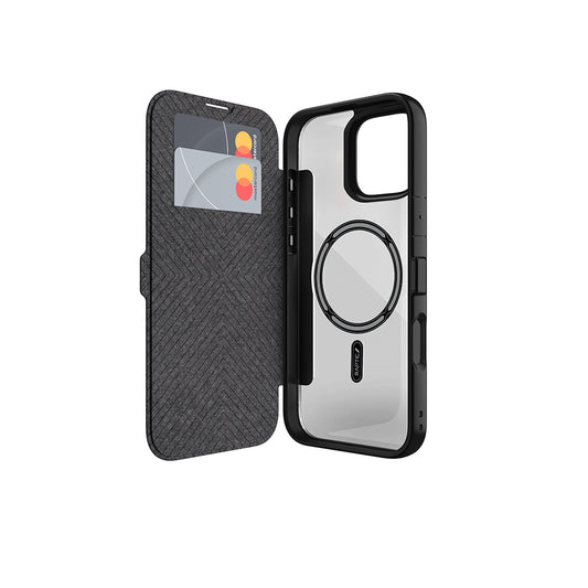 iPhone 16 Pro Kılıf M-safe Şarj Özellikli Vegan Deri Tasarımlı Şeffaf Arka Yüzey Kartlıklı Raptic Urban Folio Serisi Kapak