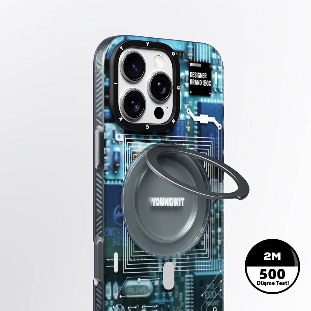 iPhone 16 Pro Kılıf M-safe Şarj Özellikli Youngkit 360° Standlı Technology Serisi Kapak