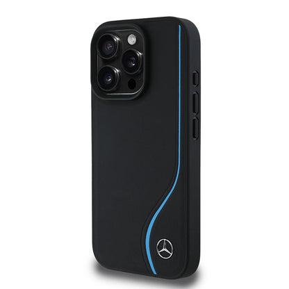 iPhone 16 Pro Kılıf Mercedes Benz Orjinal Lisanslı M-safe Şarj Özellikli 3D Metal Logolu Mavi Dikey Eğri Çizgili Deri Kapak