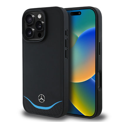 iPhone 16 Pro Kılıf Mercedes Benz Orjinal Lisanslı M-safe Şarj Özellikli 3D Metal Logolu Mavi Yatay Eğri Çizgili Deri Kapak