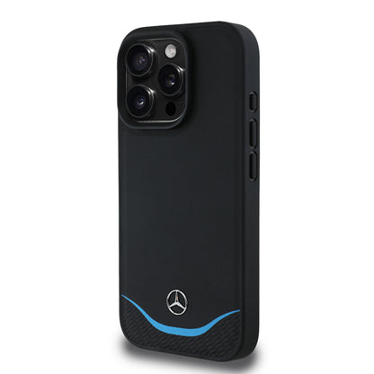 iPhone 16 Pro Kılıf Mercedes Benz Orjinal Lisanslı M-safe Şarj Özellikli 3D Metal Logolu Mavi Yatay Eğri Çizgili Deri Kapak