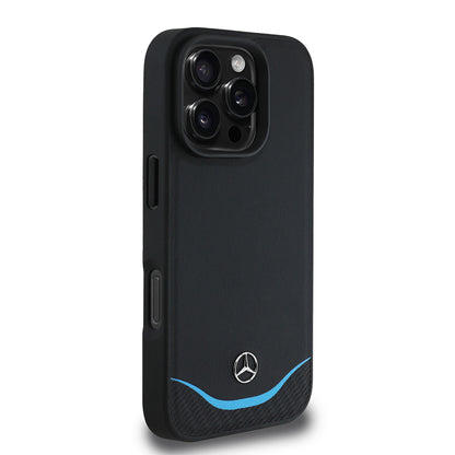 iPhone 16 Pro Kılıf Mercedes Benz Orjinal Lisanslı M-safe Şarj Özellikli 3D Metal Logolu Mavi Yatay Eğri Çizgili Deri Kapak