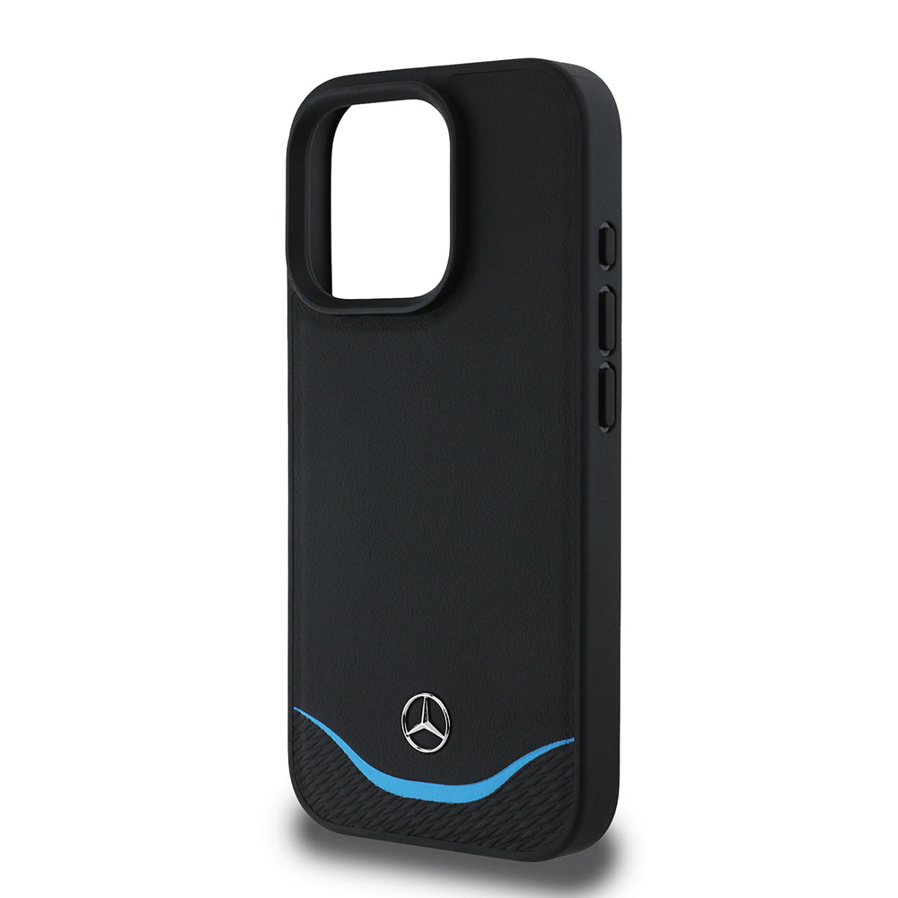 iPhone 16 Pro Kılıf Mercedes Benz Orjinal Lisanslı M-safe Şarj Özellikli 3D Metal Logolu Mavi Yatay Eğri Çizgili Deri Kapak