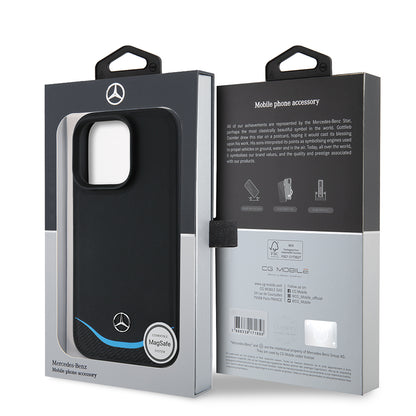 iPhone 16 Pro Kılıf Mercedes Benz Orjinal Lisanslı M-safe Şarj Özellikli 3D Metal Logolu Mavi Yatay Eğri Çizgili Deri Kapak