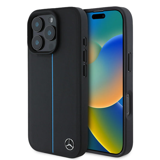 iPhone 16 Pro Kılıf Mercedes Benz Orjinal Lisanslı M-safe Şarj Özellikli Metal Yıldız Logolu Mavi Çizgili Deri Kapak