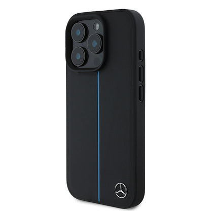 iPhone 16 Pro Kılıf Mercedes Benz Orjinal Lisanslı M-safe Şarj Özellikli Metal Yıldız Logolu Mavi Çizgili Deri Kapak