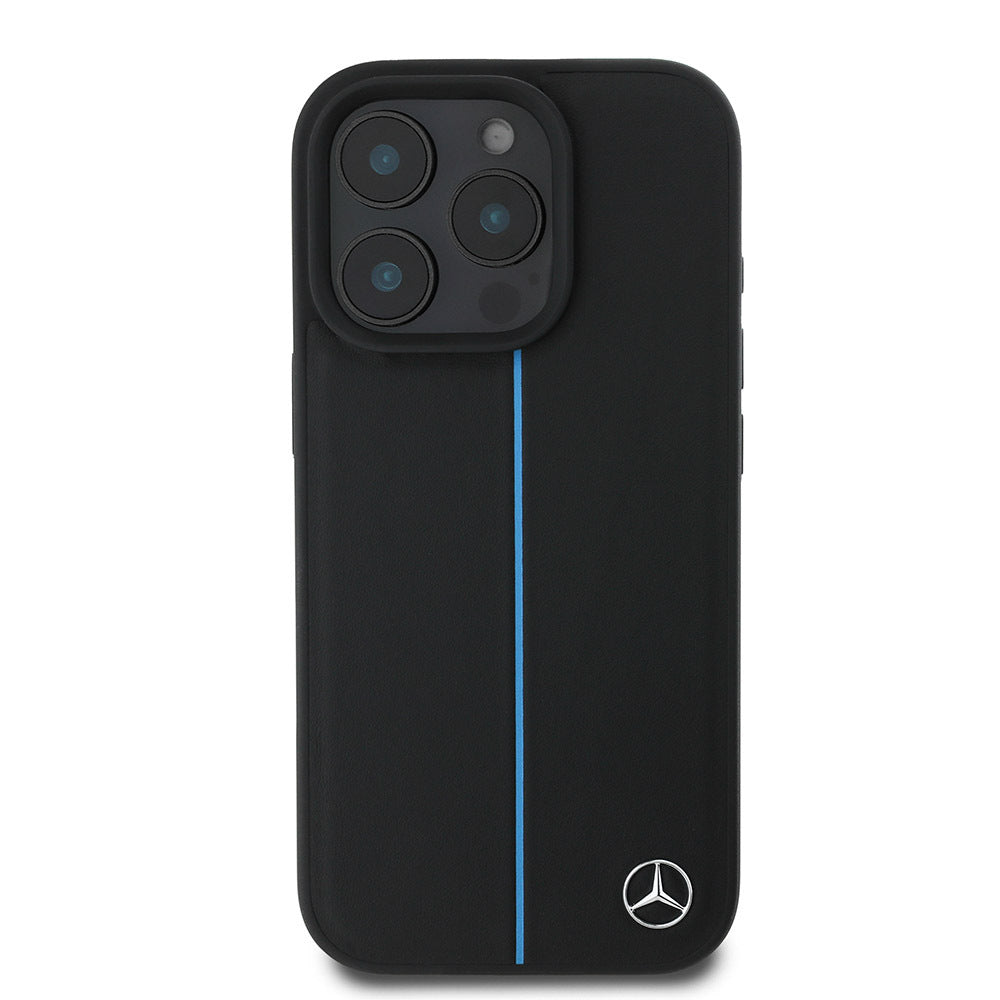 iPhone 16 Pro Kılıf Mercedes Benz Orjinal Lisanslı M-safe Şarj Özellikli Metal Yıldız Logolu Mavi Çizgili Deri Kapak