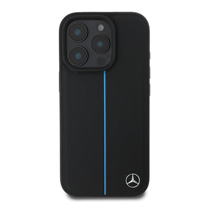 iPhone 16 Pro Kılıf Mercedes Benz Orjinal Lisanslı M-safe Şarj Özellikli Metal Yıldız Logolu Mavi Çizgili Deri Kapak