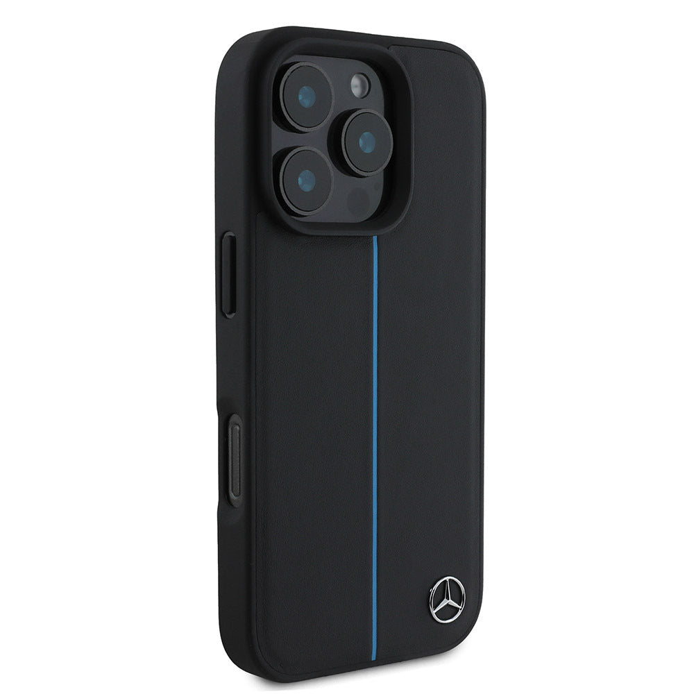 iPhone 16 Pro Kılıf Mercedes Benz Orjinal Lisanslı M-safe Şarj Özellikli Metal Yıldız Logolu Mavi Çizgili Deri Kapak
