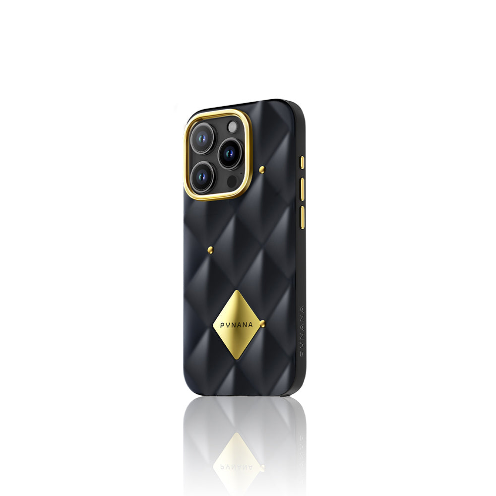 iPhone 16 Pro Kılıf Parlak Arka Yüzeyli Kabartma Tasarımlı Kapitone Pynana Metal Diamond Serisi Kapak