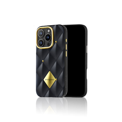 iPhone 16 Pro Kılıf Parlak Arka Yüzeyli Kabartma Tasarımlı Kapitone Pynana Metal Diamond Serisi Kapak