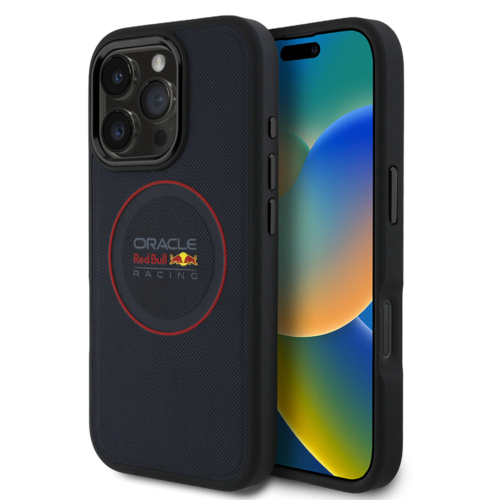 iPhone 16 Pro Kılıf Redbull Orjinal Lisanslı M-safe Şarj Özellikli Kırmızı Halka ve Logo Kabartmalı PU Deri Kapak