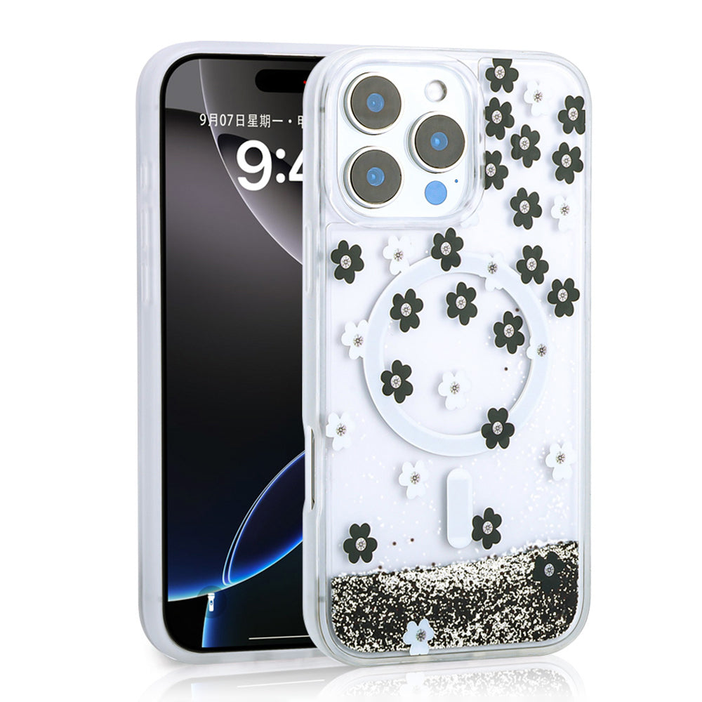 Apple iPhone 16 Pro Kılıf Sıvılı Simli Baskılı Şeffaf Arka Yüzey Zore Mossa Silikon Kapak
