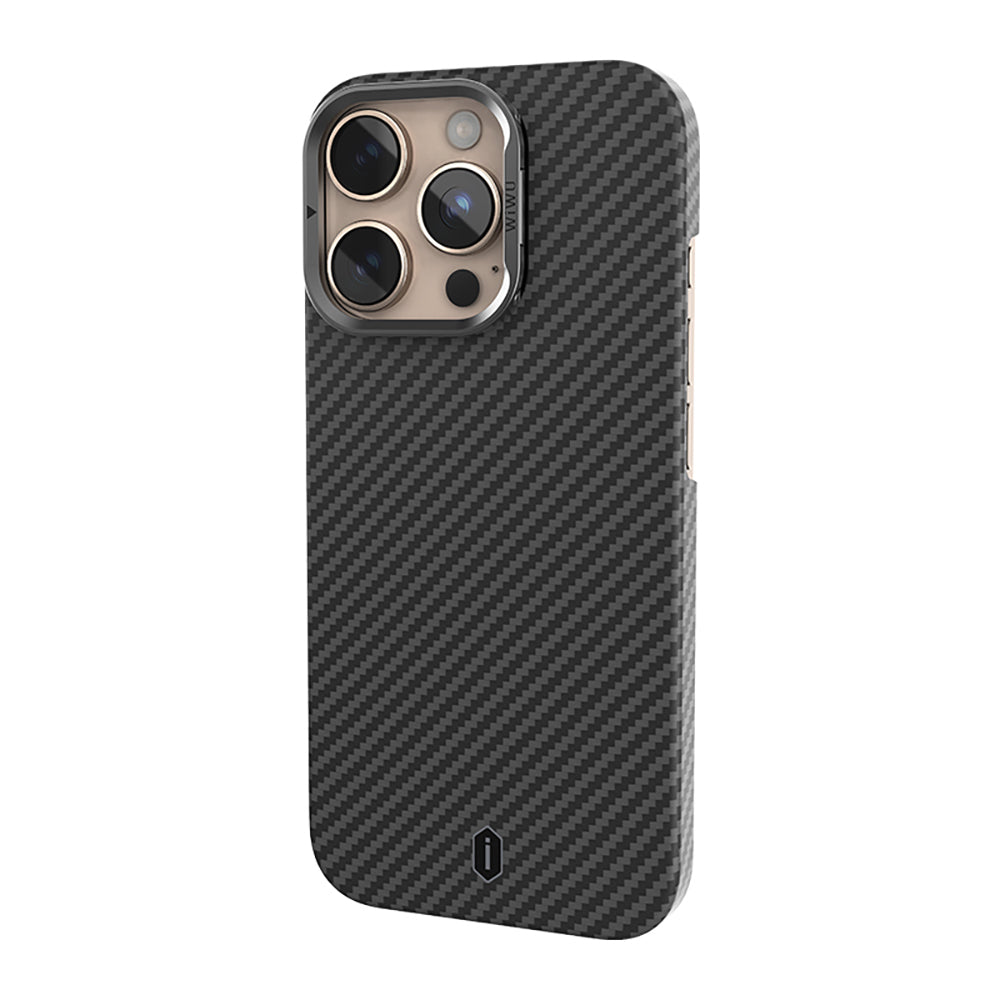 iPhone 16 Pro Kılıf Wiwu DCC-206 M-safe Şarj Özellikli Kamera Standlı Aramid Fiber Tasarım Kevlar Kapak