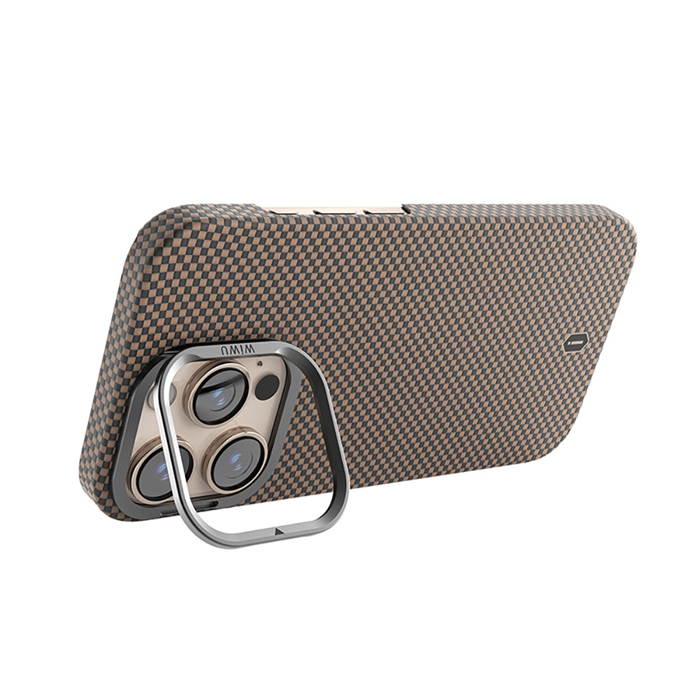 iPhone 16 Pro Kılıf Wiwu DCC-208 M-safe Şarj Özellikli Kamera Standlı Aramid Fiber Tasarım Kevlar Kapak