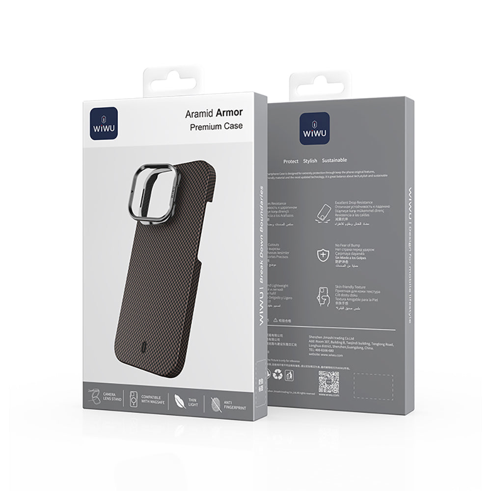 iPhone 16 Pro Kılıf Wiwu DCC-208 M-safe Şarj Özellikli Kamera Standlı Aramid Fiber Tasarım Kevlar Kapak