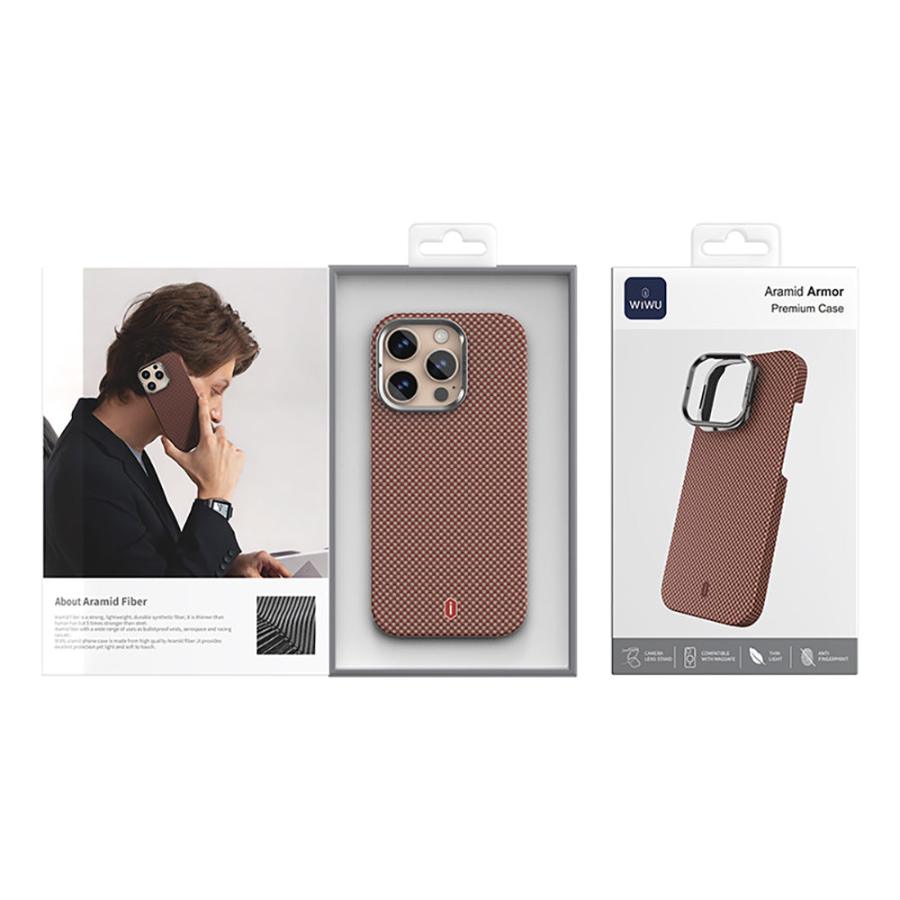 iPhone 16 Pro Kılıf Wiwu DCC-208 M-safe Şarj Özellikli Kamera Standlı Aramid Fiber Tasarım Kevlar Kapak