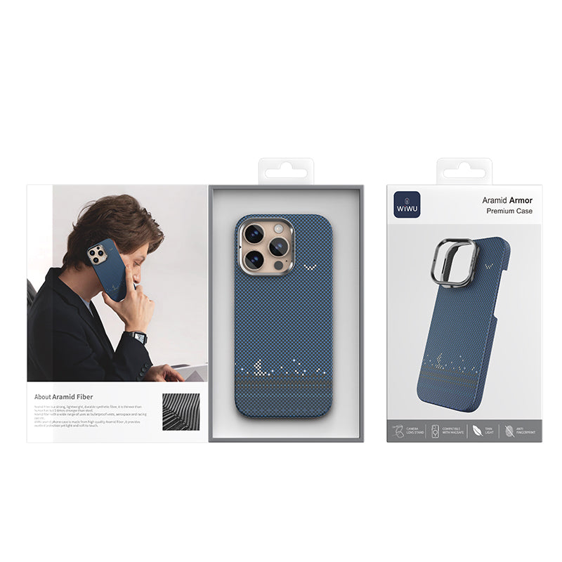 iPhone 16 Pro Kılıf Wiwu DCC-209 M-safe Şarj Özellikli Kamera Standlı Aramid Fiber Tasarım Kevlar Kapak