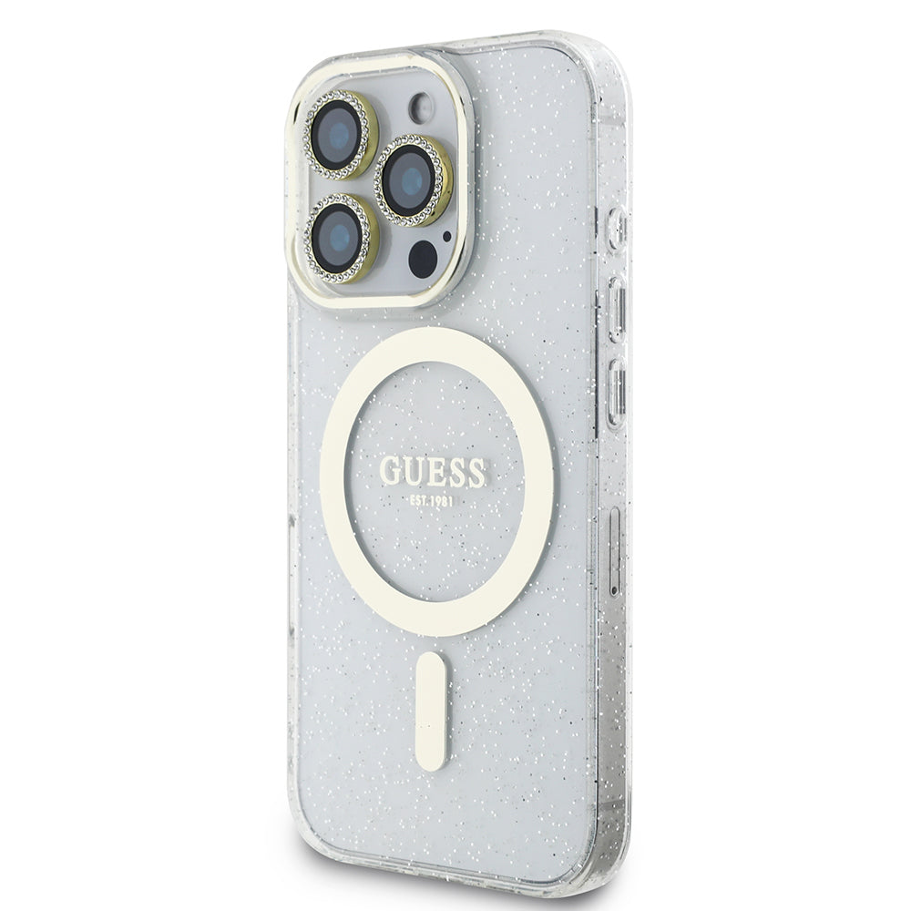 iPhone 16 Pro Max Guess Orjinal Lisanslı 3'lü Aksesuar Seti IML Baskılı Simli Glitter Kılıf + Ekran Koruyucu + Lens Koruyucu