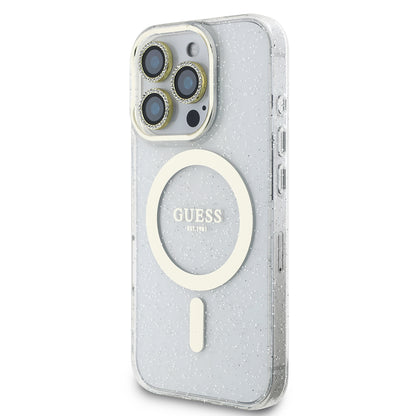 iPhone 16 Pro Max Guess Orjinal Lisanslı 3'lü Aksesuar Seti IML Baskılı Simli Glitter Kılıf + Ekran Koruyucu + Lens Koruyucu