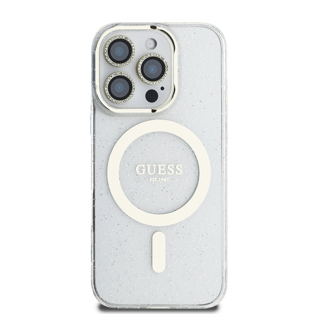 iPhone 16 Pro Max Guess Orjinal Lisanslı 3'lü Aksesuar Seti IML Baskılı Simli Glitter Kılıf + Ekran Koruyucu + Lens Koruyucu