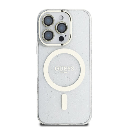 iPhone 16 Pro Max Guess Orjinal Lisanslı 3'lü Aksesuar Seti IML Baskılı Simli Glitter Kılıf + Ekran Koruyucu + Lens Koruyucu