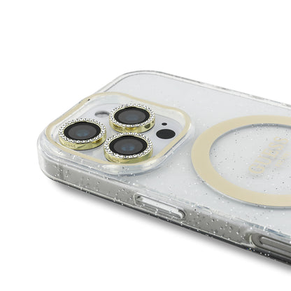 iPhone 16 Pro Max Guess Orjinal Lisanslı 3'lü Aksesuar Seti IML Baskılı Simli Glitter Kılıf + Ekran Koruyucu + Lens Koruyucu