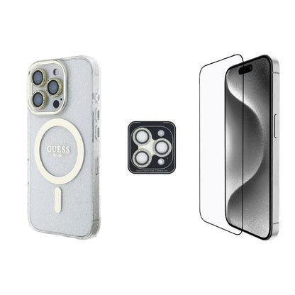 iPhone 16 Pro Max Guess Orjinal Lisanslı 3'lü Aksesuar Seti IML Baskılı Simli Glitter Kılıf + Ekran Koruyucu + Lens Koruyucu