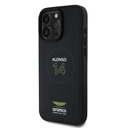 iPhone 16 Pro Max Kılıf Aston Martin Orjinal Lisanslı M-safe Şarj Özellikli PU Deri Alonso 14 Baskılı Kapak