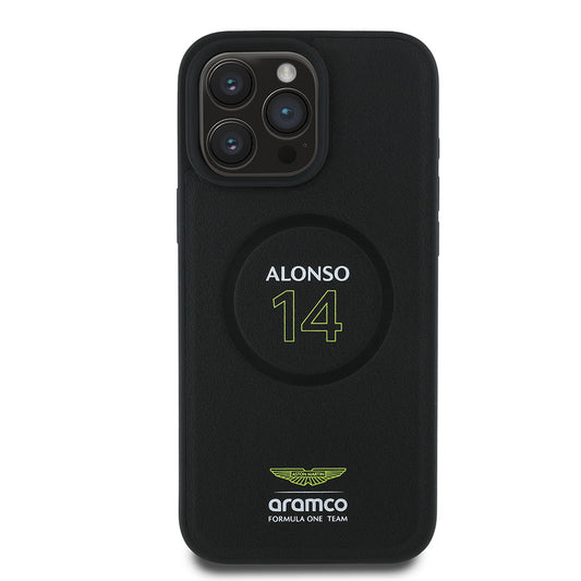 iPhone 16 Pro Max Kılıf Aston Martin Orjinal Lisanslı M-safe Şarj Özellikli PU Deri Alonso 14 Baskılı Kapak