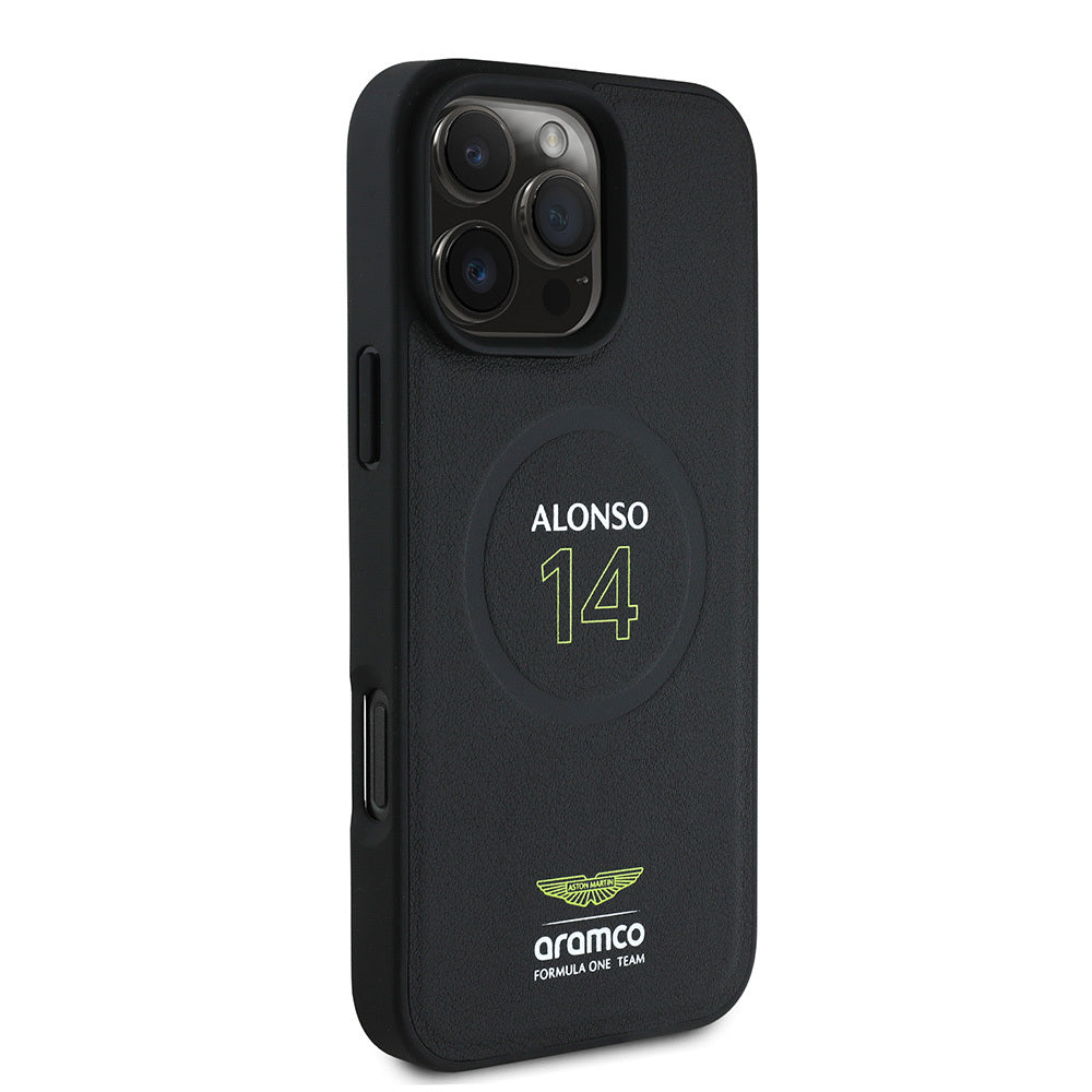 iPhone 16 Pro Max Kılıf Aston Martin Orjinal Lisanslı M-safe Şarj Özellikli PU Deri Alonso 14 Baskılı Kapak