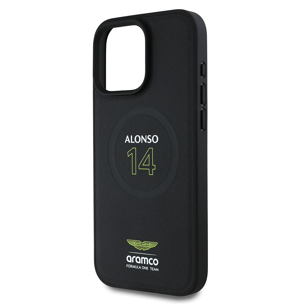 iPhone 16 Pro Max Kılıf Aston Martin Orjinal Lisanslı M-safe Şarj Özellikli PU Deri Alonso 14 Baskılı Kapak