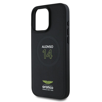 iPhone 16 Pro Max Kılıf Aston Martin Orjinal Lisanslı M-safe Şarj Özellikli PU Deri Alonso 14 Baskılı Kapak