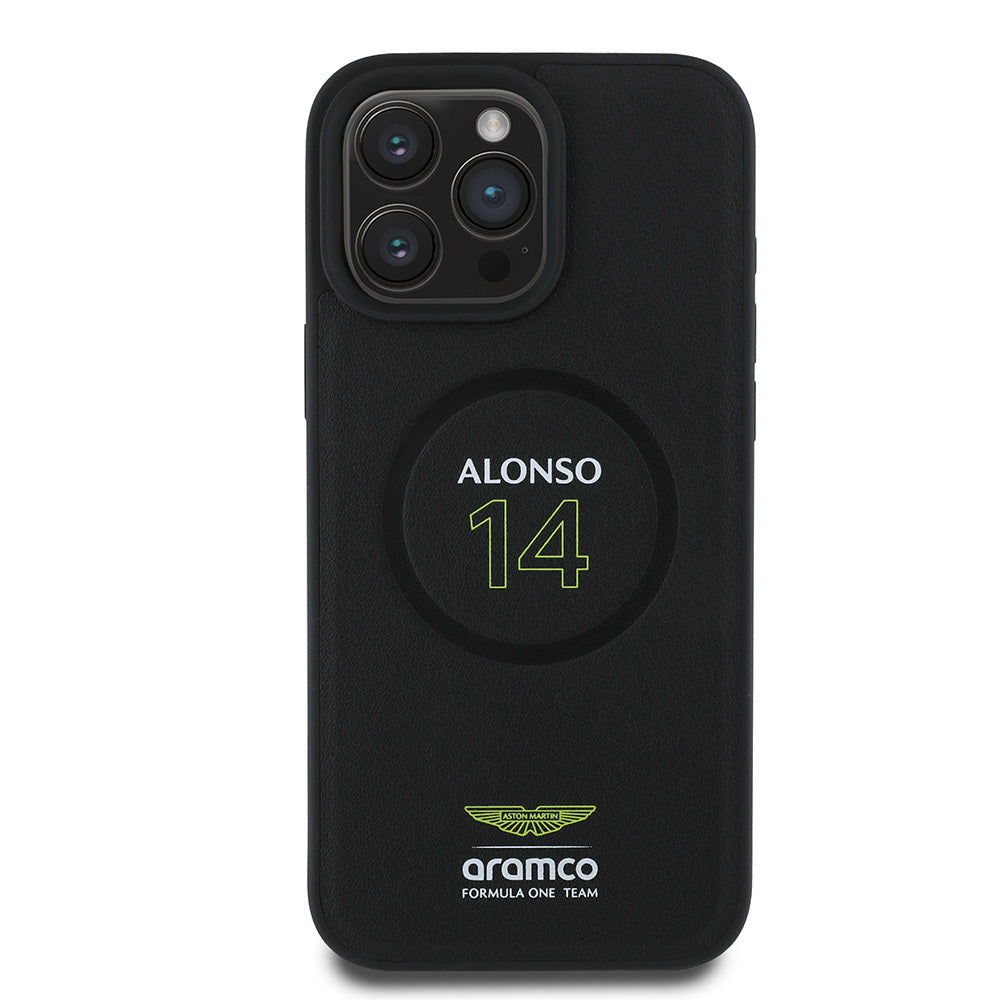 iPhone 16 Pro Max Kılıf Aston Martin Orjinal Lisanslı M-safe Şarj Özellikli PU Deri Alonso 14 Baskılı Kapak