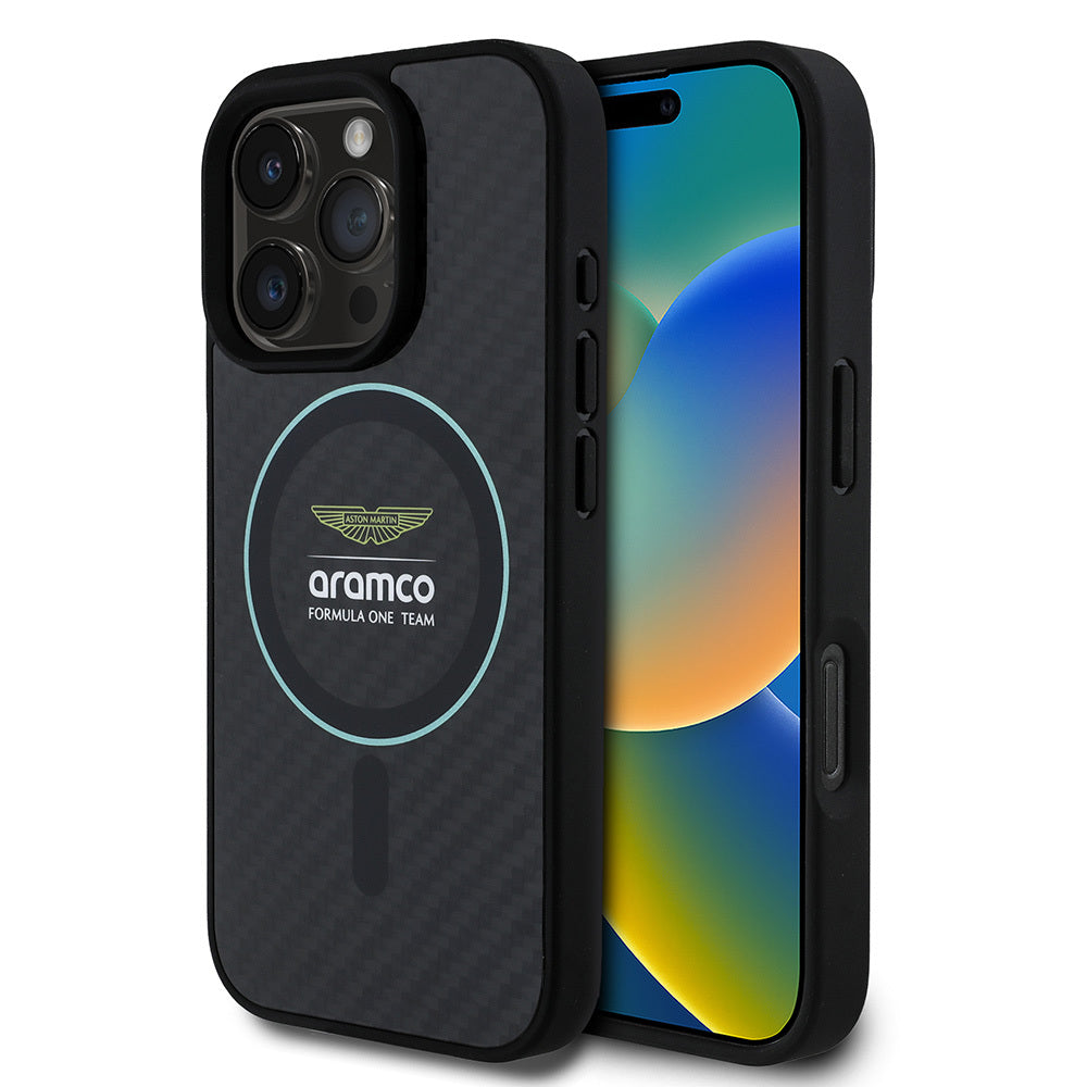 iPhone 16 Pro Max Kılıf Aston Martin Orjinal Lisanslı M-safe Şarj Özellikli Renkli Halka ve Karbon Fiber Tasarımlı Kapak