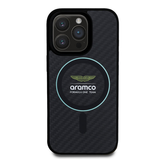 iPhone 16 Pro Max Kılıf Aston Martin Orjinal Lisanslı M-safe Şarj Özellikli Renkli Halka ve Karbon Fiber Tasarımlı Kapak