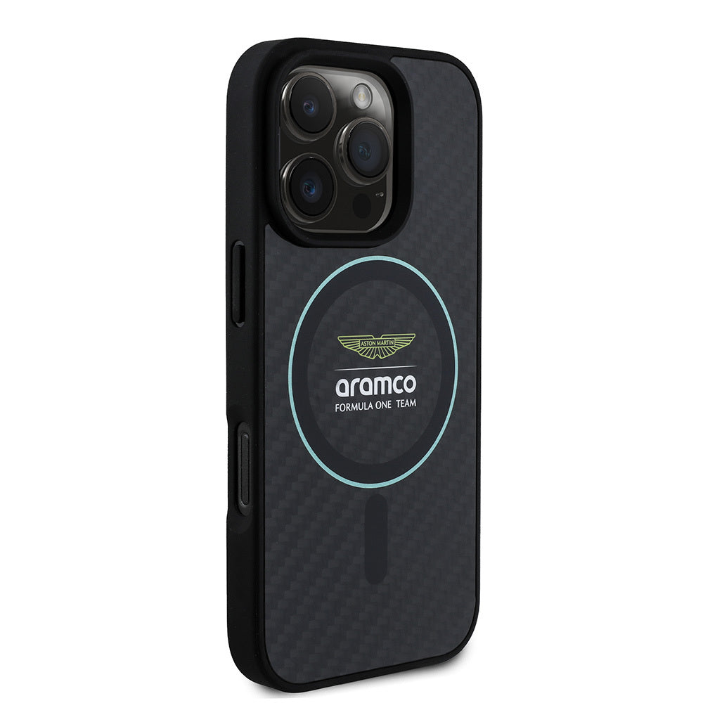 iPhone 16 Pro Max Kılıf Aston Martin Orjinal Lisanslı M-safe Şarj Özellikli Renkli Halka ve Karbon Fiber Tasarımlı Kapak