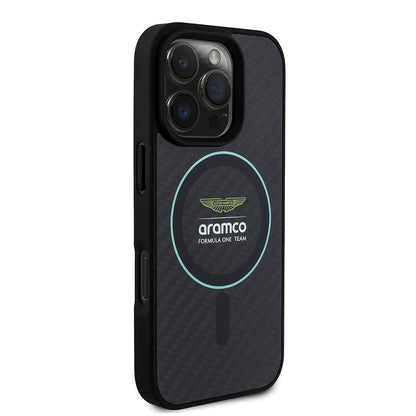 iPhone 16 Pro Max Kılıf Aston Martin Orjinal Lisanslı M-safe Şarj Özellikli Renkli Halka ve Karbon Fiber Tasarımlı Kapak