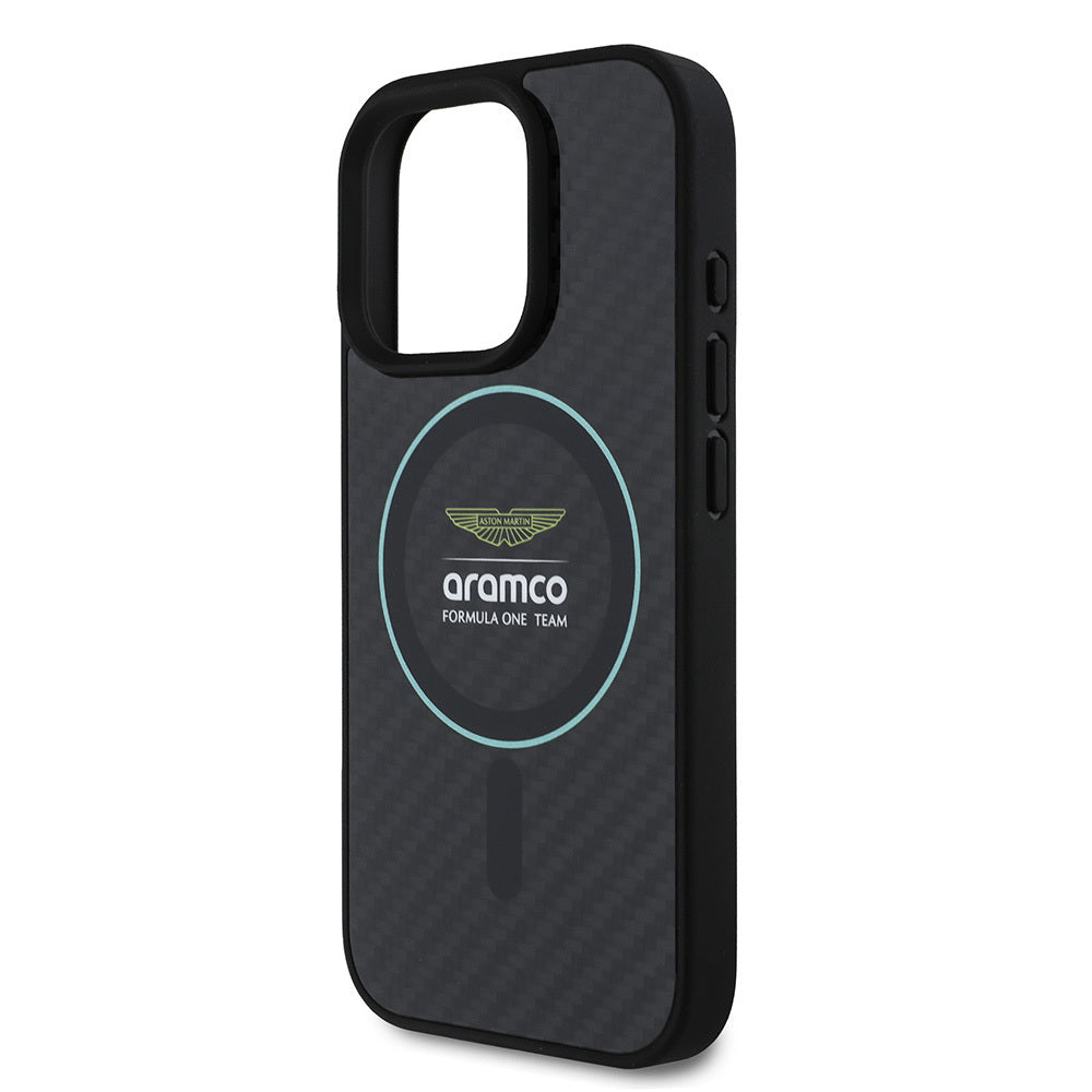 iPhone 16 Pro Max Kılıf Aston Martin Orjinal Lisanslı M-safe Şarj Özellikli Renkli Halka ve Karbon Fiber Tasarımlı Kapak