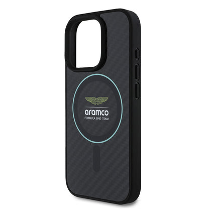 iPhone 16 Pro Max Kılıf Aston Martin Orjinal Lisanslı M-safe Şarj Özellikli Renkli Halka ve Karbon Fiber Tasarımlı Kapak