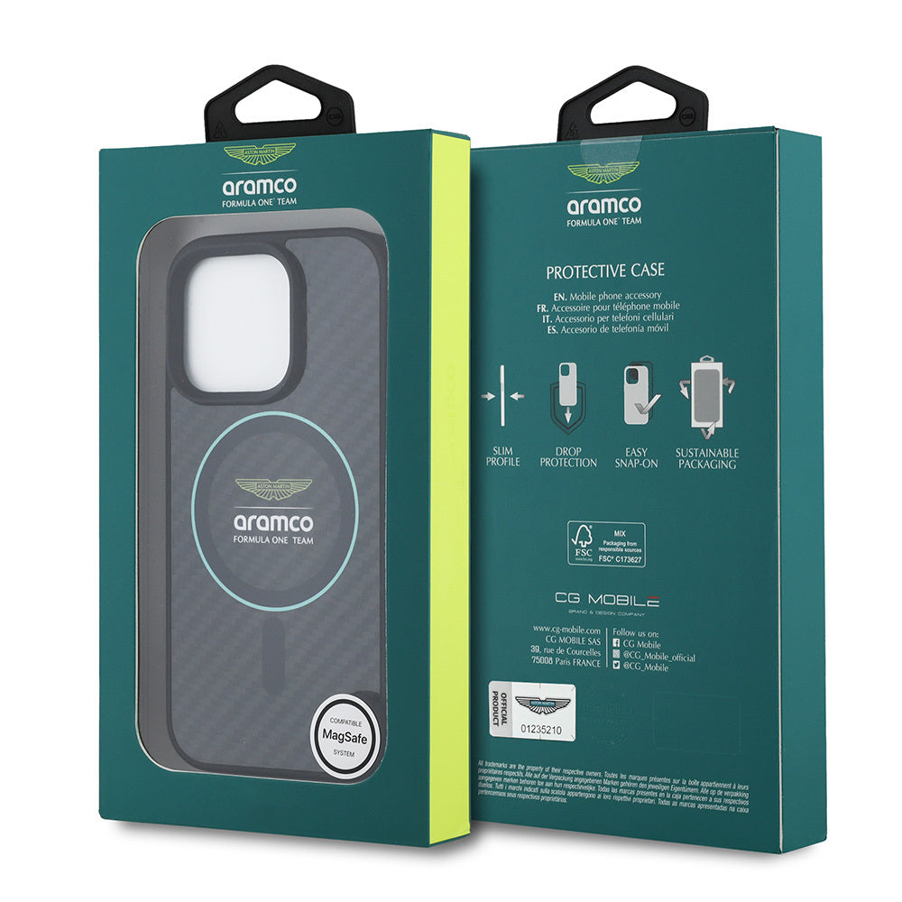 iPhone 16 Pro Max Kılıf Aston Martin Orjinal Lisanslı M-safe Şarj Özellikli Renkli Halka ve Karbon Fiber Tasarımlı Kapak