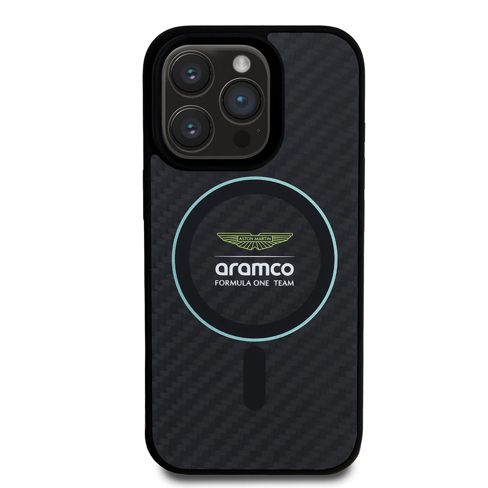 iPhone 16 Pro Max Kılıf Aston Martin Orjinal Lisanslı M-safe Şarj Özellikli Renkli Halka ve Karbon Fiber Tasarımlı Kapak