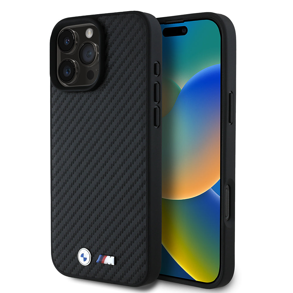 iPhone 16 Pro Max Kılıf BMW Orjinal Lisanslı Karbon Fiber Tasarımlı ve Metal Logolu PU Deri Kapak