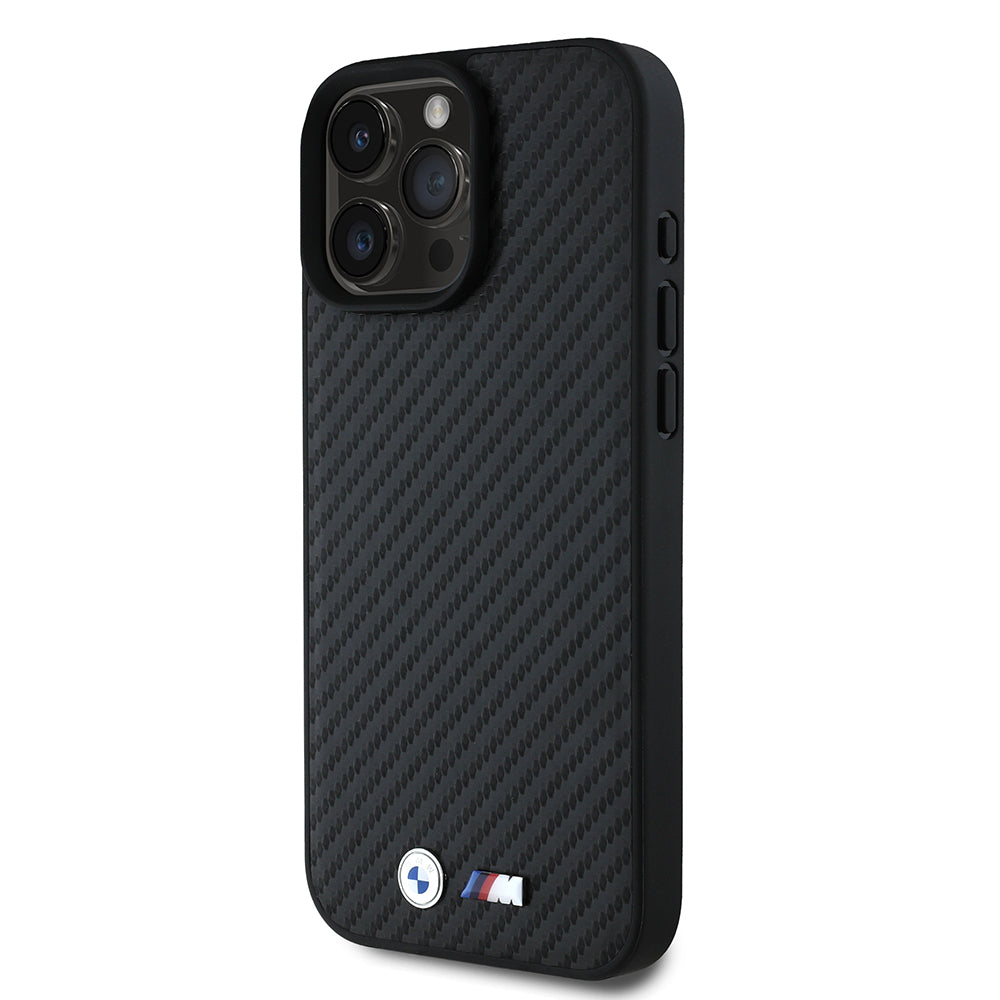 iPhone 16 Pro Max Kılıf BMW Orjinal Lisanslı Karbon Fiber Tasarımlı ve Metal Logolu PU Deri Kapak