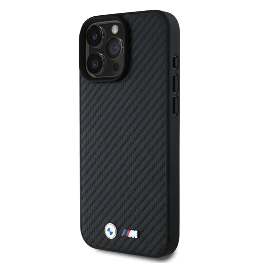 iPhone 16 Pro Max Kılıf BMW Orjinal Lisanslı Karbon Fiber Tasarımlı ve Metal Logolu PU Deri Kapak