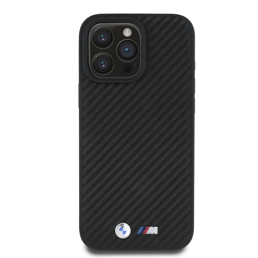 iPhone 16 Pro Max Kılıf BMW Orjinal Lisanslı Karbon Fiber Tasarımlı ve Metal Logolu PU Deri Kapak