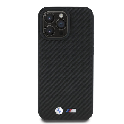 iPhone 16 Pro Max Kılıf BMW Orjinal Lisanslı Karbon Fiber Tasarımlı ve Metal Logolu PU Deri Kapak